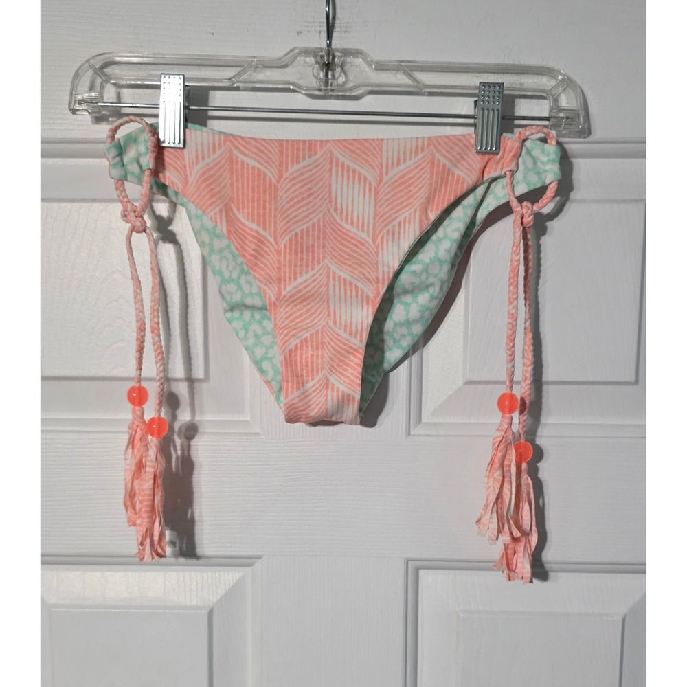 Victorias Secret Reversible Cheeky Bikini Bottoms Coral Mint Tassel Side Tie M